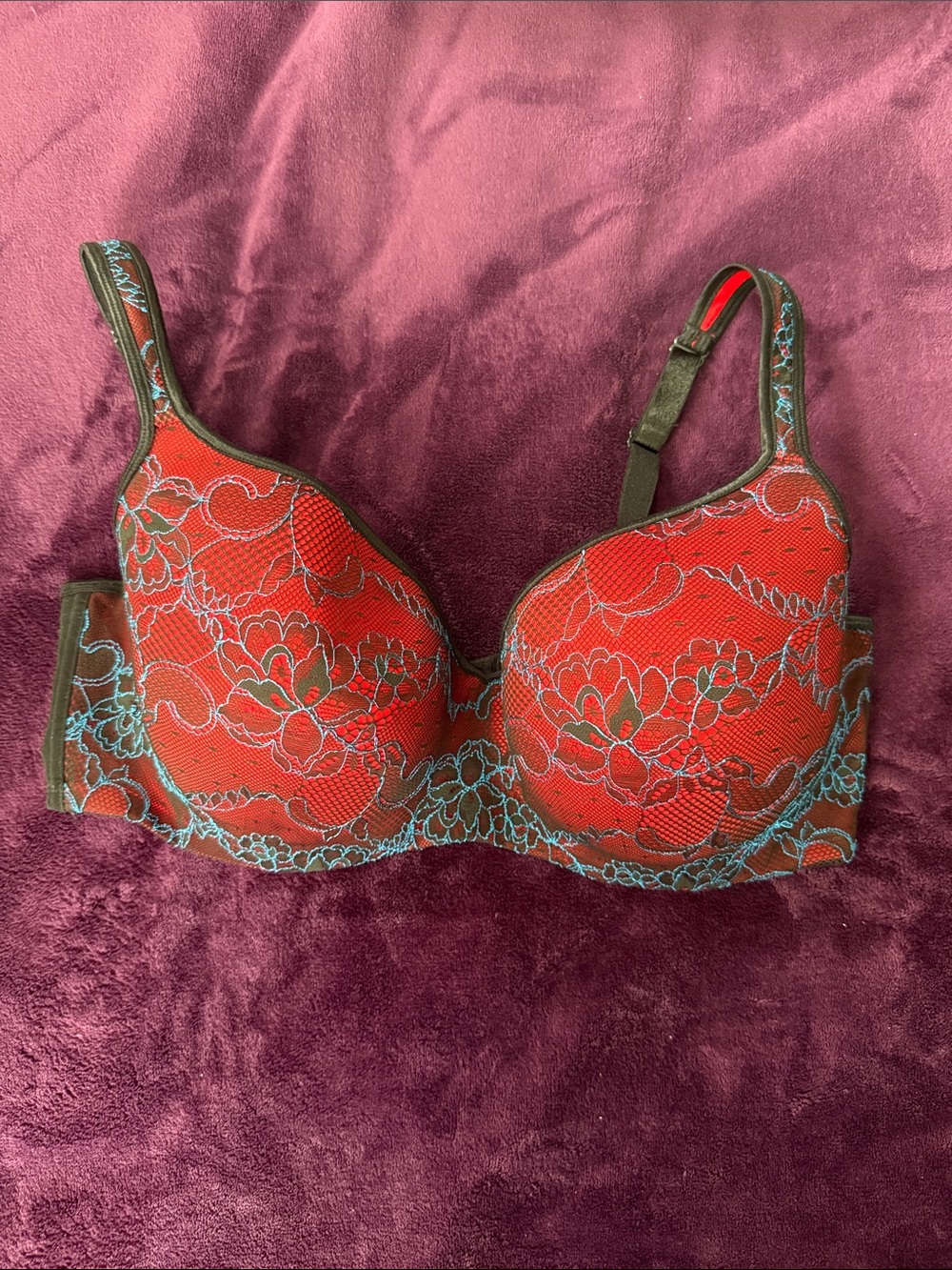 Cacique Red and Turquoise Overlay Push-Up Bra